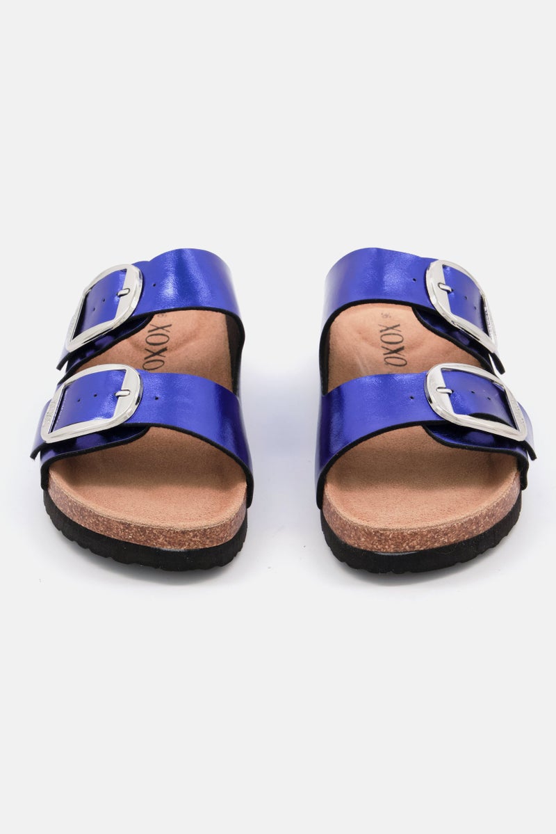 XOXO Women Slip On Cork Slides, Metallic Blue - Image 2